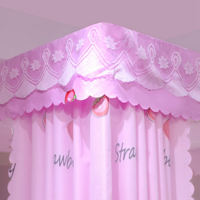 91家纺网 家纺一手货源 找家纺 2025新款坐床遮光布款防尘床帘式蚊帐 可爱草莓回底