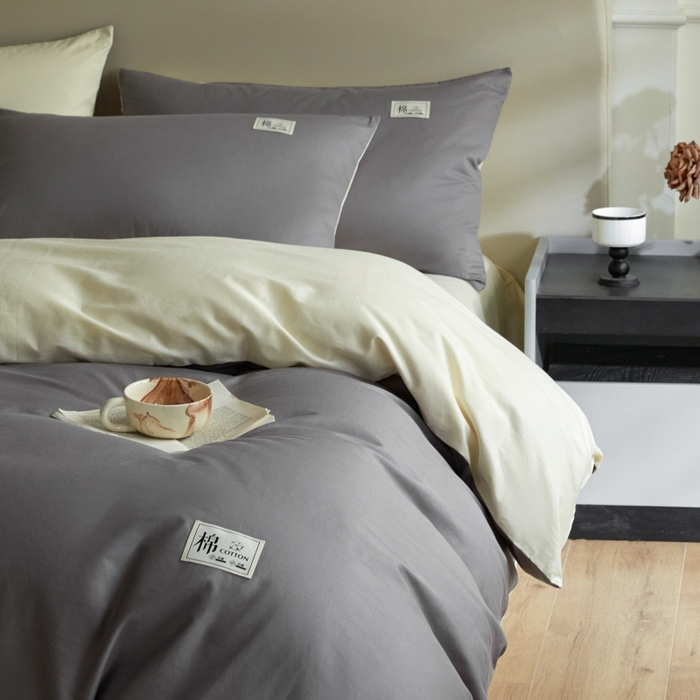 91家纺网 家纺一手货源 找家纺 莱通家纺 2024新款纯色双拼四件套 高级灰+奶昔白