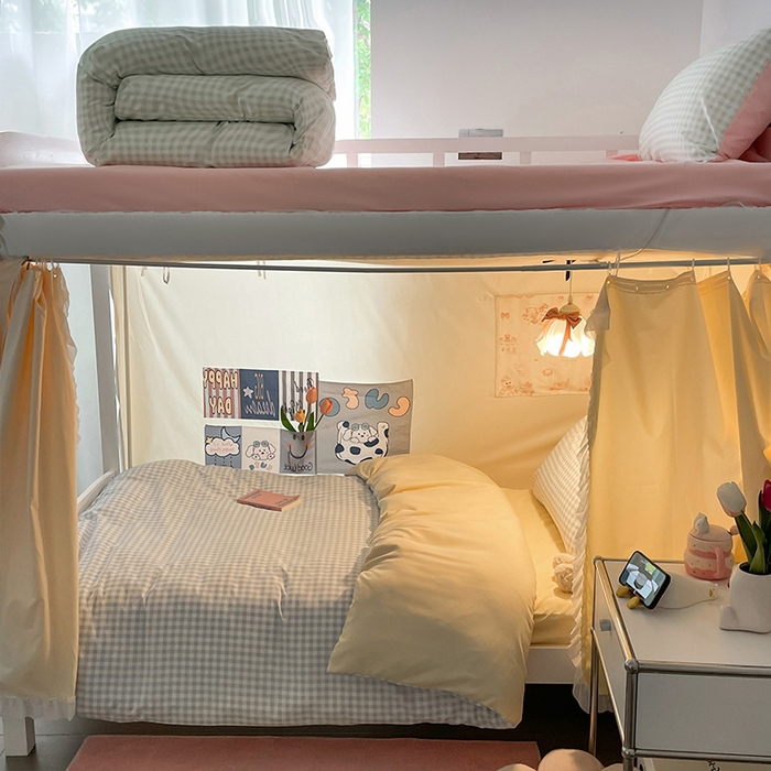 91家纺网 家纺一手货源 找家纺 眠帛家居 2024新款A类学生三件套奶油风小清新毛巾绣暖心系列水洗棉床上用品四件套图2 暖心-治愈蓝格