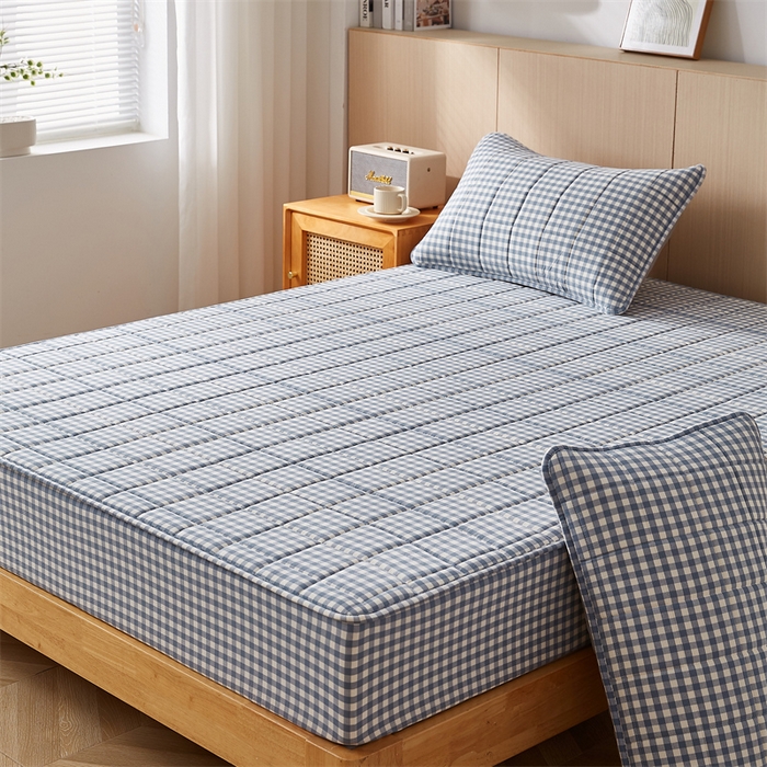 91家纺网 家纺一手货源 找家纺 2025新款A类全棉色织水洗棉大豆夹棉抗菌床笠 蓝小格