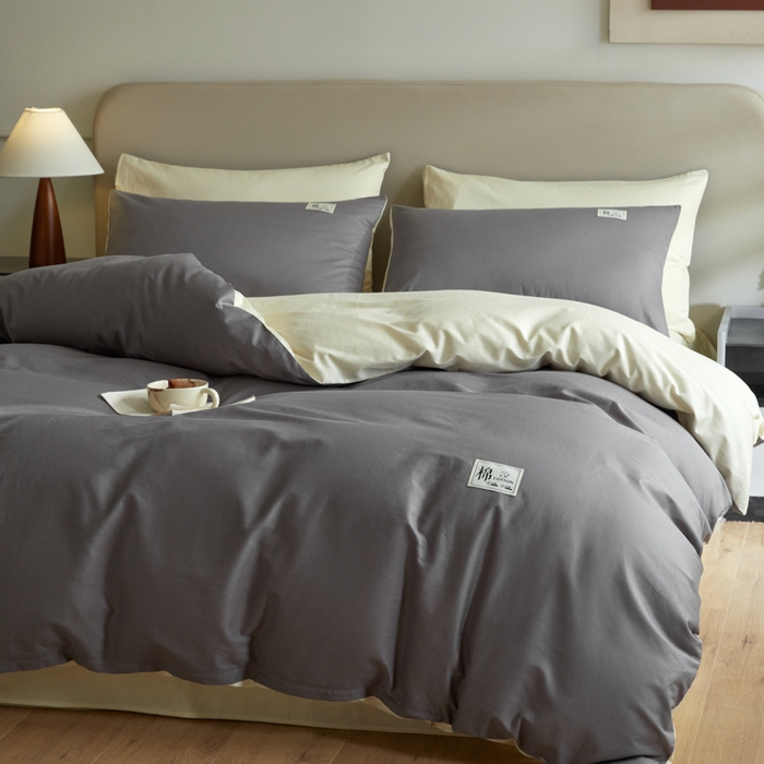 91家纺网 家纺一手货源 找家纺 莱通家纺 2024新款纯色双拼四件套 高级灰+奶昔白