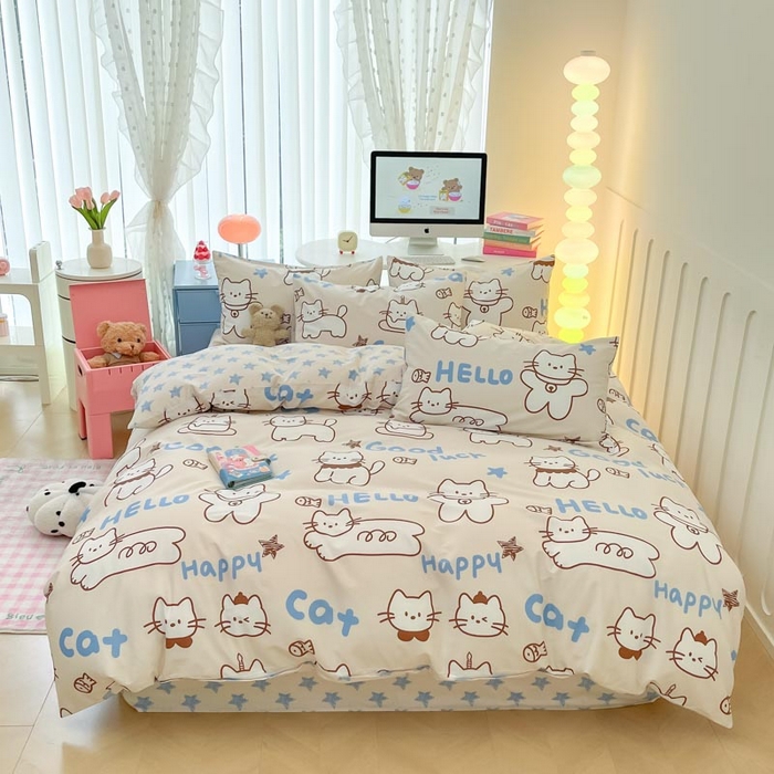 91家纺网 家纺一手货源 找家纺 晨希家居 2024新款全棉卡通活性印花四件套幸运猫咪