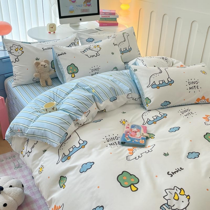 91家纺网 家纺一手货源 找家纺 晨希家居 2024新款全棉卡通活性印花四件套恐龙乐园