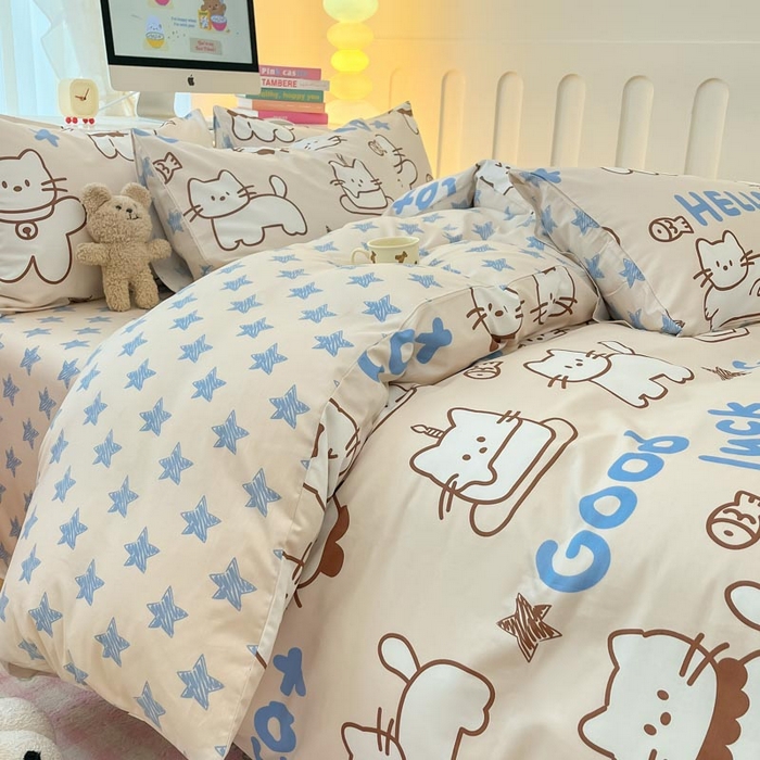 91家纺网 家纺一手货源 找家纺 晨希家居 2024新款全棉卡通活性印花四件套幸运猫咪