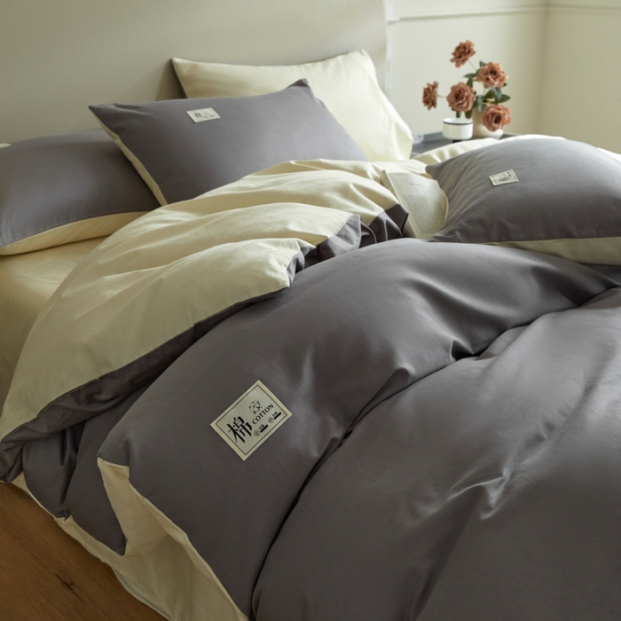 91家纺网 家纺一手货源 找家纺 莱通家纺 2024新款纯色双拼四件套 高级灰+奶昔白