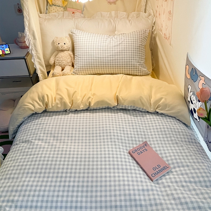 91家纺网 家纺一手货源 找家纺 眠帛家居 2024新款A类学生三件套奶油风小清新毛巾绣暖心系列水洗棉床上用品四件套图2 暖心-治愈蓝格