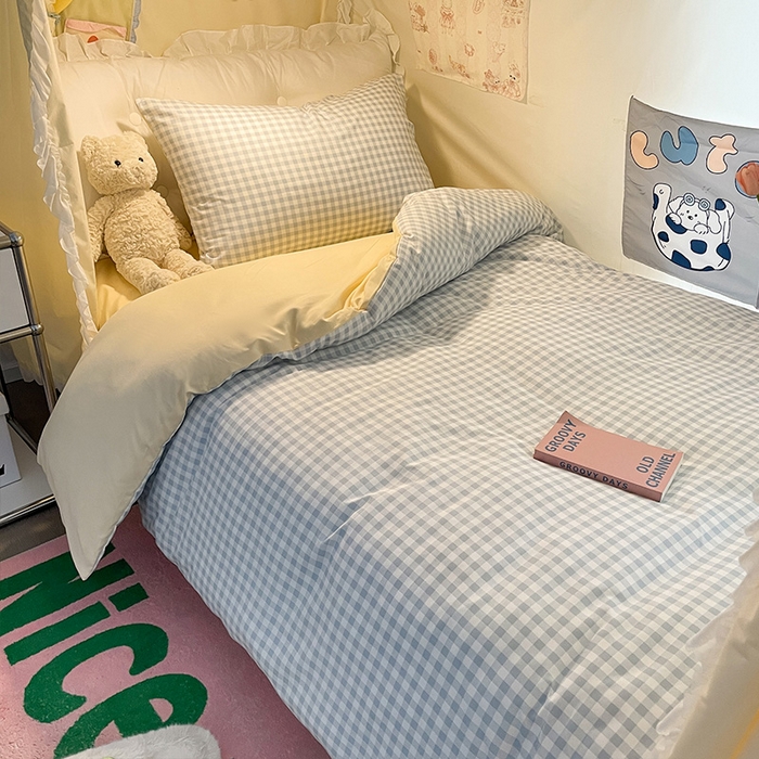 91家纺网 家纺一手货源 找家纺 眠帛家居 2024新款A类学生三件套奶油风小清新毛巾绣暖心系列水洗棉床上用品四件套图2 暖心-治愈蓝格