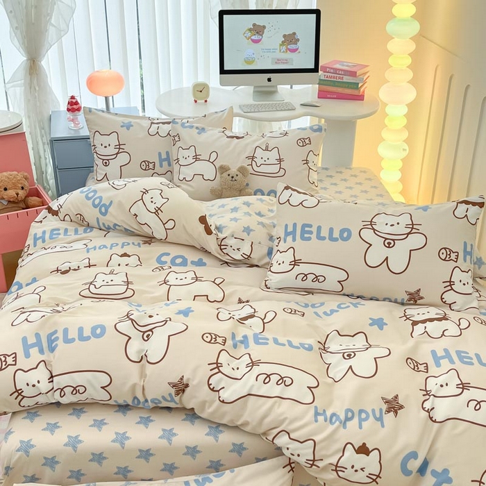 91家纺网 家纺一手货源 找家纺 晨希家居 2024新款全棉卡通活性印花四件套幸运猫咪