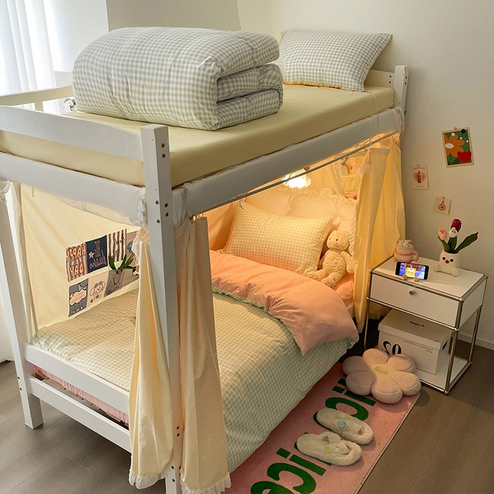 91家纺网 家纺一手货源 找家纺 眠帛家居 2024新款A类学生三件套奶油风小清新毛巾绣暖心系列水洗棉床上用品四件套图2 暖心-清新绿格