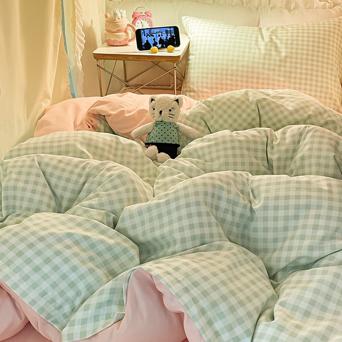 91家纺网 家纺一手货源 找家纺 眠帛家居 2024新款A类学生三件套奶油风小清新毛巾绣暖心系列水洗棉床上用品四件套图2 暖心-清新绿格