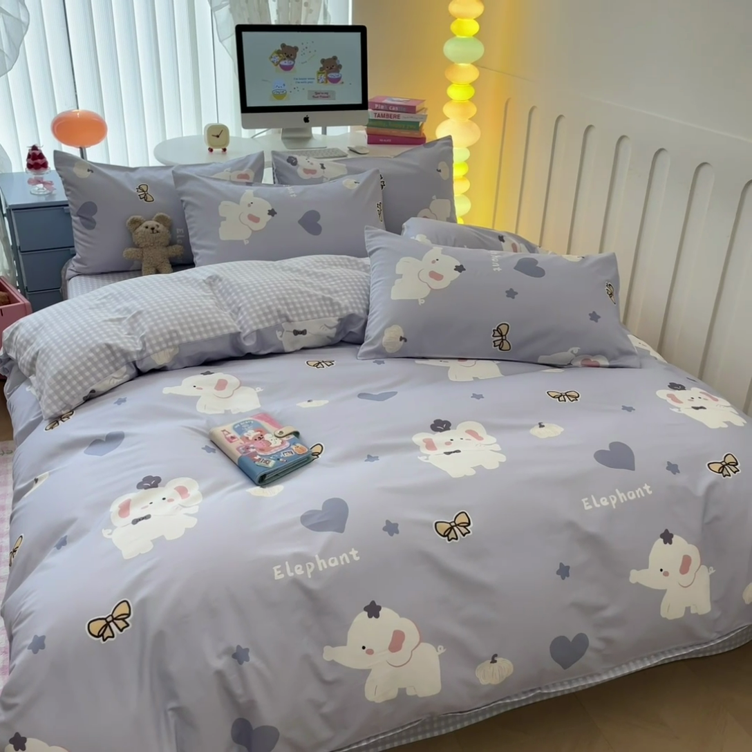 91家纺网 家纺一手货源 找家纺 晨希家居 2024新款全棉卡通活性印花四件套小象童话