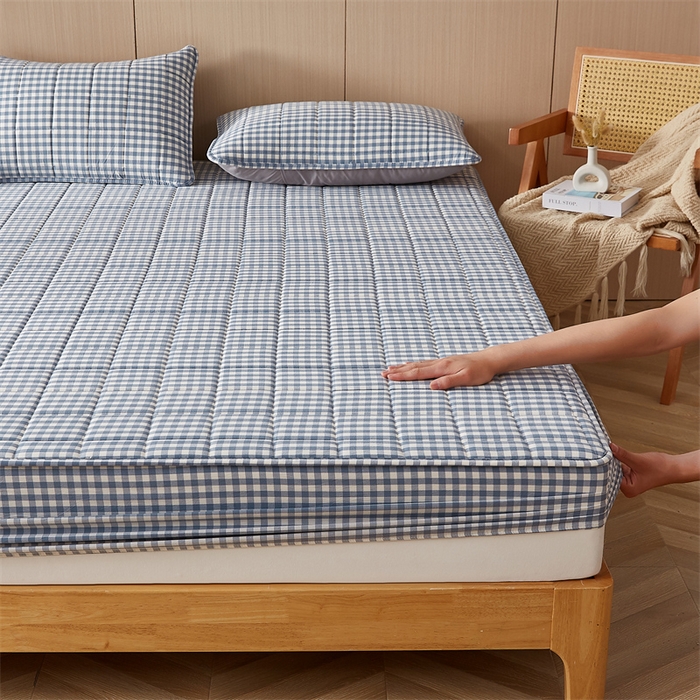 91家纺网 家纺一手货源 找家纺 2025新款A类全棉色织水洗棉大豆夹棉抗菌床笠 蓝小格