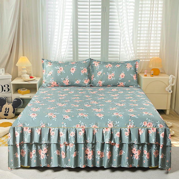 91家纺网 家纺一手货源 找家纺 小雨家纺 2026新款芦荟棉床裙四件套 春暖花开深绿