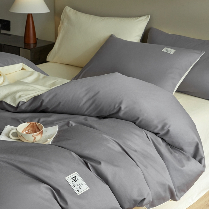 91家纺网 家纺一手货源 找家纺 莱通家纺 2024新款纯色双拼四件套 高级灰+奶昔白