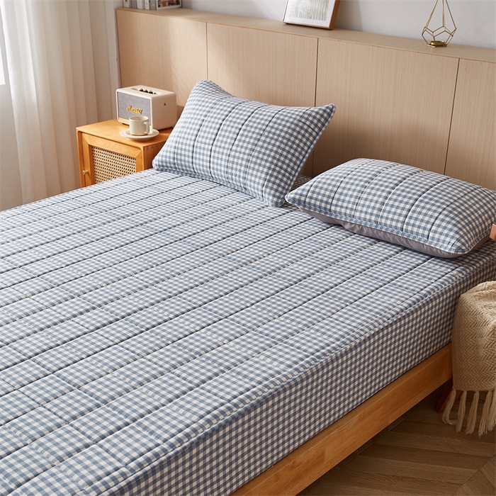 91家纺网 家纺一手货源 找家纺 2025新款A类全棉色织水洗棉大豆夹棉抗菌床笠 蓝小格