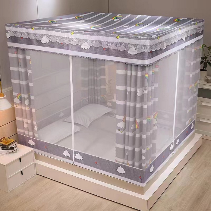 91家纺网 家纺一手货源 找家纺 2025新款坐床遮光布款防尘床帘式蚊帐 缤纷彩虹回底