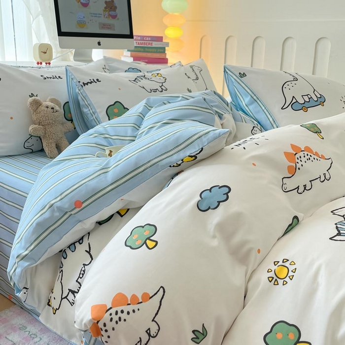 91家纺网 家纺一手货源 找家纺 晨希家居 2024新款全棉卡通活性印花四件套恐龙乐园