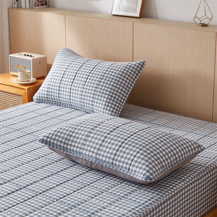 91家纺网 家纺一手货源 找家纺 2025新款A类全棉色织水洗棉大豆夹棉抗菌床笠 蓝小格