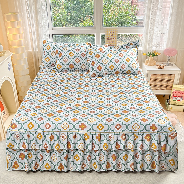 91家纺网 家纺一手货源 找家纺 小雨家纺 2026新款芦荟棉床裙三件套 初夏绿