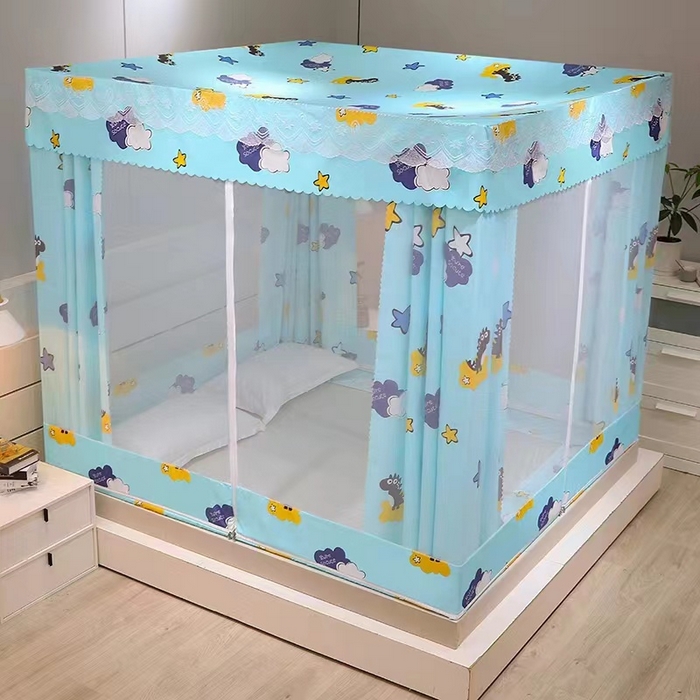 91家纺网 家纺一手货源 找家纺 2025新款坐床遮光布款防尘床帘式蚊帐 星光恐龙回底