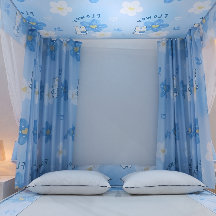 91家纺网 家纺一手货源 找家纺 2025新款坐床遮光布款防尘床帘式蚊帐 蓝花兔回底