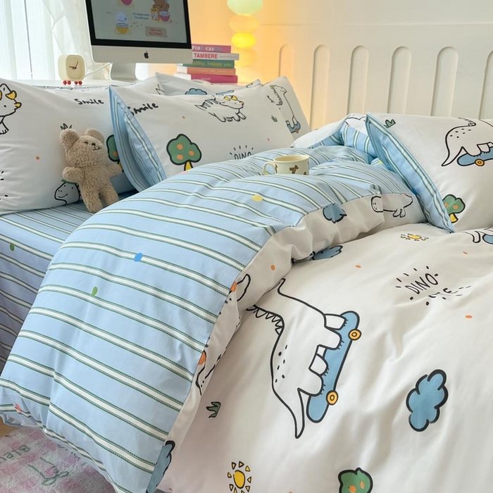 91家纺网 家纺一手货源 找家纺 晨希家居 2024新款全棉卡通活性印花四件套恐龙乐园