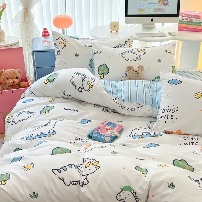 91家纺网 家纺一手货源 找家纺 晨希家居 2024新款全棉卡通活性印花四件套恐龙乐园