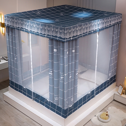 91家纺网 家纺一手货源 找家纺 2025新款坐床遮光布款防尘床帘式蚊帐 时尚方格回底