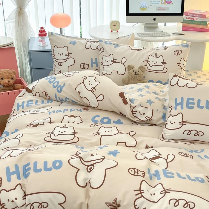 91家纺网 家纺一手货源 找家纺 晨希家居 2024新款全棉卡通活性印花四件套幸运猫咪