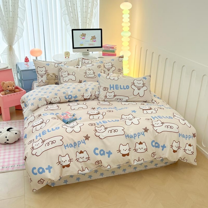 91家纺网 家纺一手货源 找家纺 晨希家居 2024新款全棉卡通活性印花四件套幸运猫咪