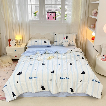 91家纺网 家纺一手货源 找家纺 2025新款A类泡泡纱水洗棉夏被四件套 晚安喵