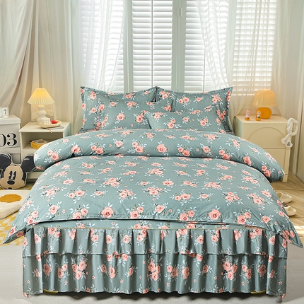 小雨家纺 2026新款芦荟棉床裙四件套 春暖花开深绿