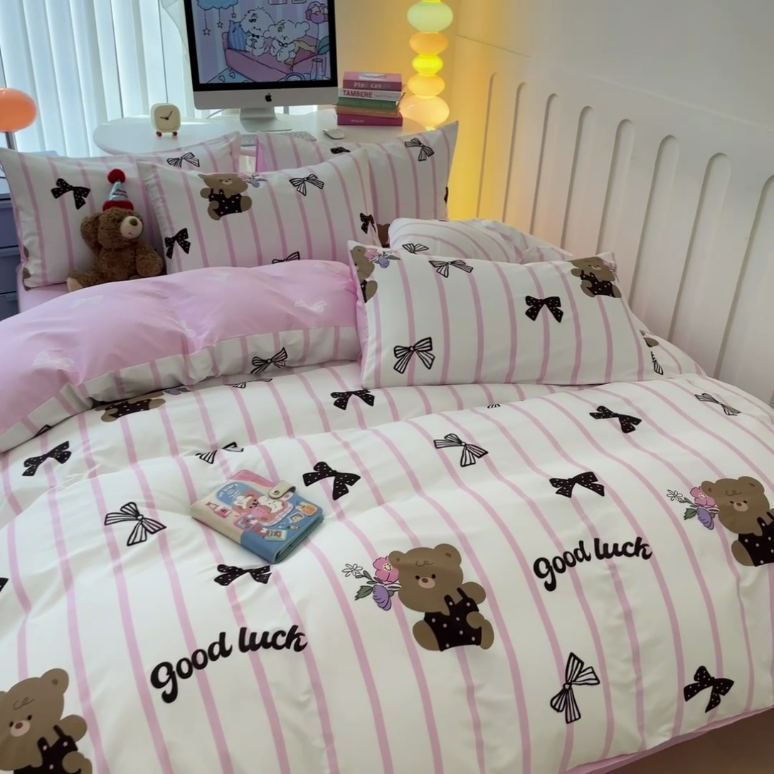 91家纺网 家纺一手货源 找家纺 晨希家居 2024新款全棉卡通活性印花四件套蝴蝶小熊