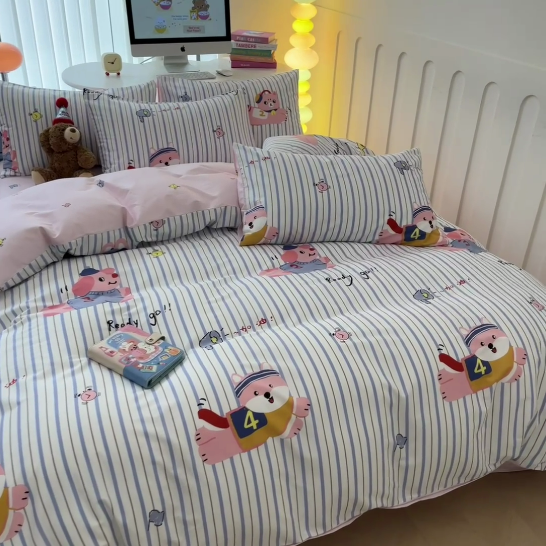 91家纺网 家纺一手货源 找家纺 晨希家居 2024新款全棉卡通活性印花四件套快乐狗