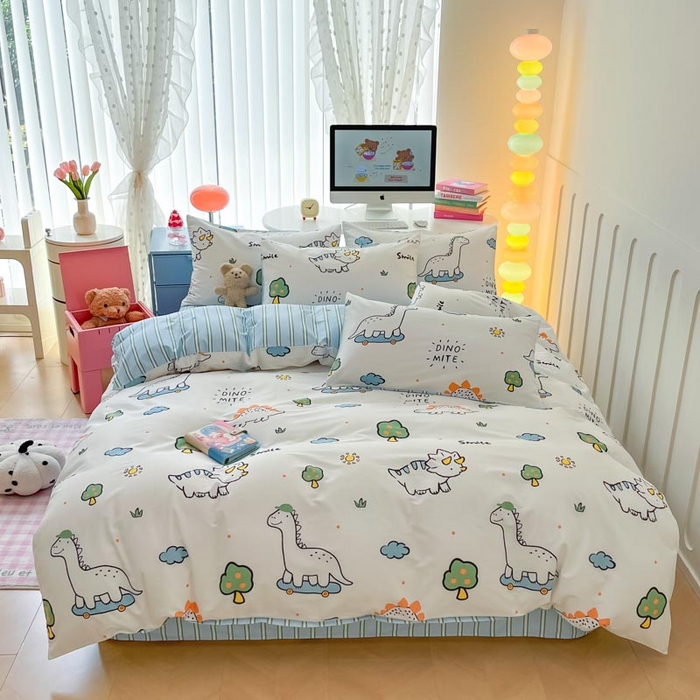 91家纺网 家纺一手货源 找家纺 晨希家居 2024新款全棉卡通活性印花四件套恐龙乐园