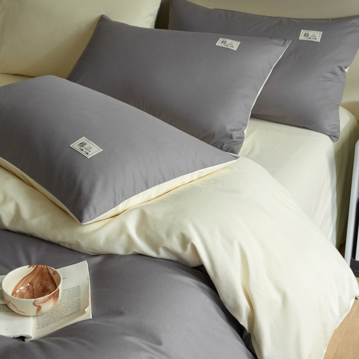 91家纺网 家纺一手货源 找家纺 莱通家纺 2024新款纯色双拼四件套 高级灰+奶昔白