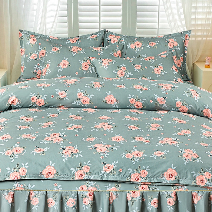 91家纺网 家纺一手货源 找家纺 小雨家纺 2026新款芦荟棉床裙四件套 春暖花开深绿