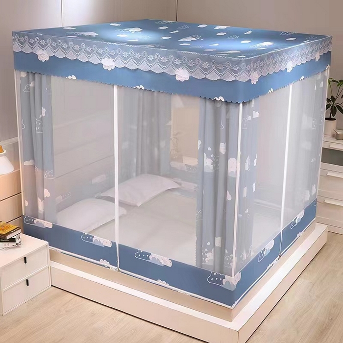 91家纺网 家纺一手货源 找家纺 2025新款坐床遮光布款防尘床帘式蚊帐 气象站回底