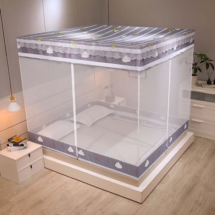 91家纺网 家纺一手货源 找家纺 2025新款坐床遮光布款防尘床帘式蚊帐 缤纷彩虹回底