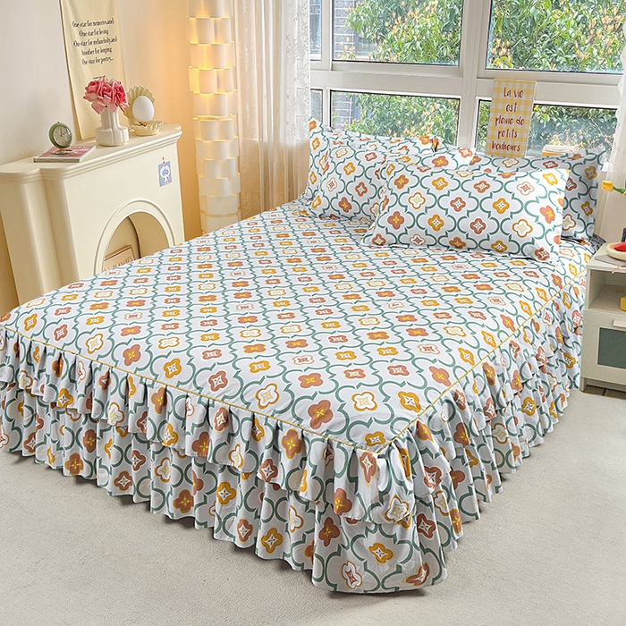 91家纺网 家纺一手货源 找家纺 小雨家纺 2026新款芦荟棉床裙三件套 初夏绿