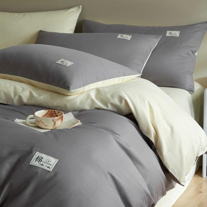 91家纺网 家纺一手货源 找家纺 莱通家纺 2024新款纯色双拼四件套 高级灰+奶昔白