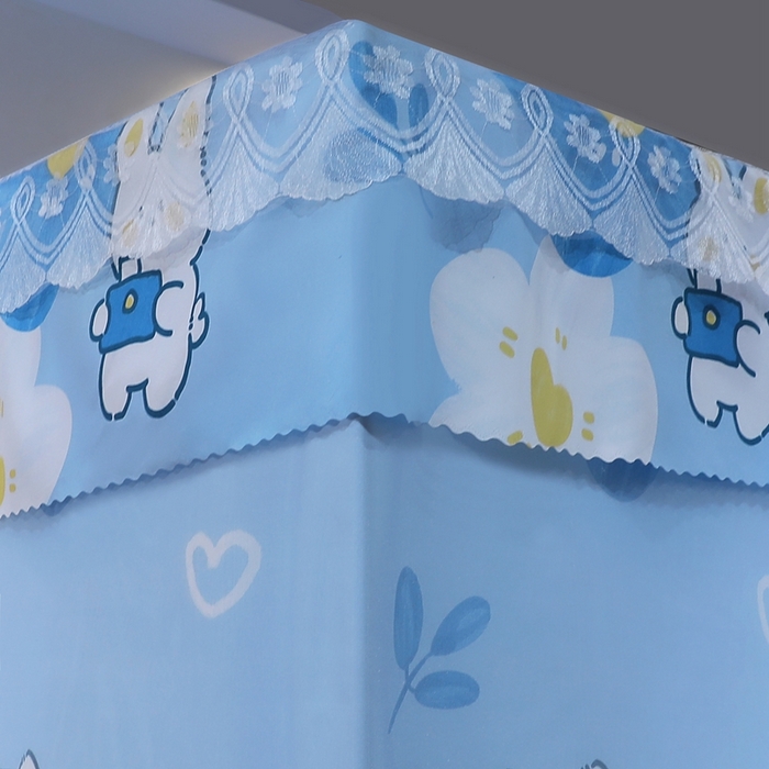 91家纺网 家纺一手货源 找家纺 2025新款坐床遮光布款防尘床帘式蚊帐 蓝花兔回底