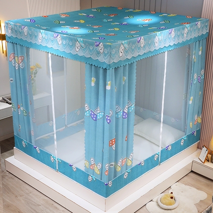 91家纺网 家纺一手货源 找家纺 2025新款坐床遮光布款防尘床帘式蚊帐 蘑菇娃娃回底