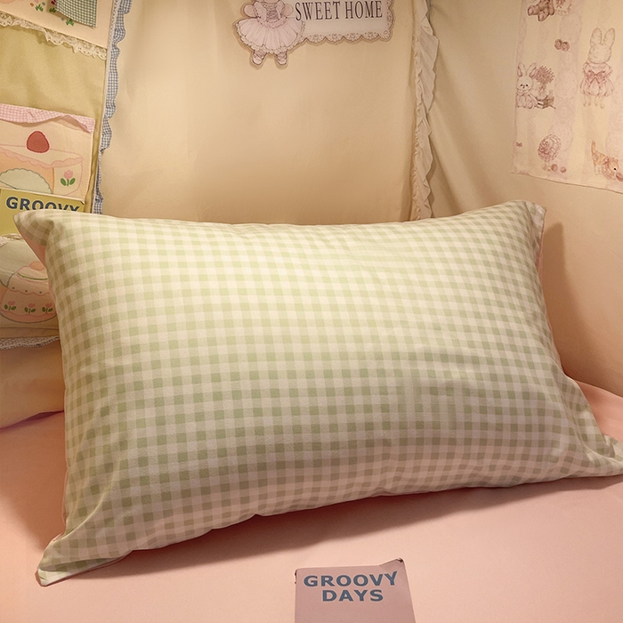 91家纺网 家纺一手货源 找家纺 眠帛家居 2024新款A类学生三件套奶油风小清新毛巾绣暖心系列水洗棉床上用品四件套图2 暖心-清新绿格