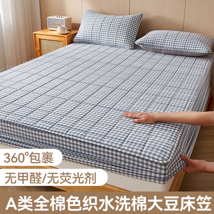 91家纺网 家纺一手货源 找家纺 2025新款A类全棉色织水洗棉大豆夹棉抗菌床笠 蓝小格