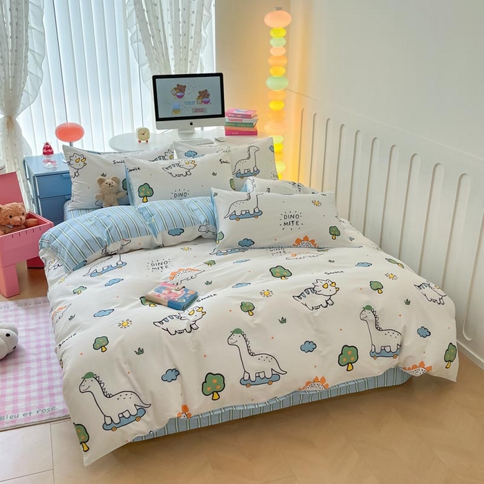 91家纺网 家纺一手货源 找家纺 晨希家居 2024新款全棉卡通活性印花四件套恐龙乐园