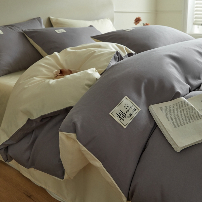 91家纺网 家纺一手货源 找家纺 莱通家纺 2024新款纯色双拼四件套 高级灰+奶昔白