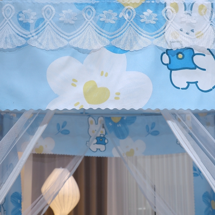 91家纺网 家纺一手货源 找家纺 2025新款坐床遮光布款防尘床帘式蚊帐 蓝花兔回底