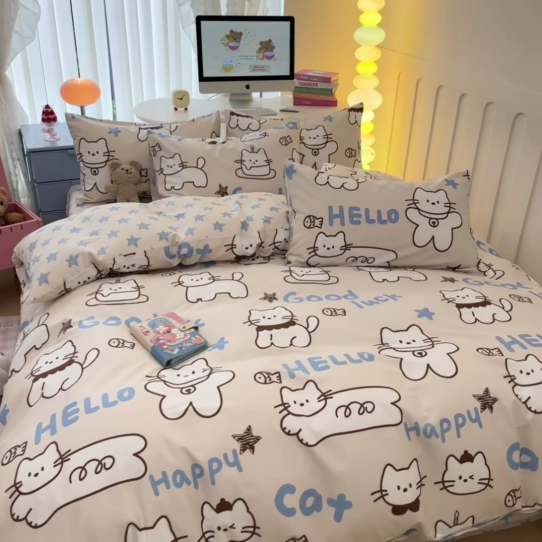 91家纺网 家纺一手货源 找家纺 晨希家居 2024新款全棉卡通活性印花四件套幸运猫咪