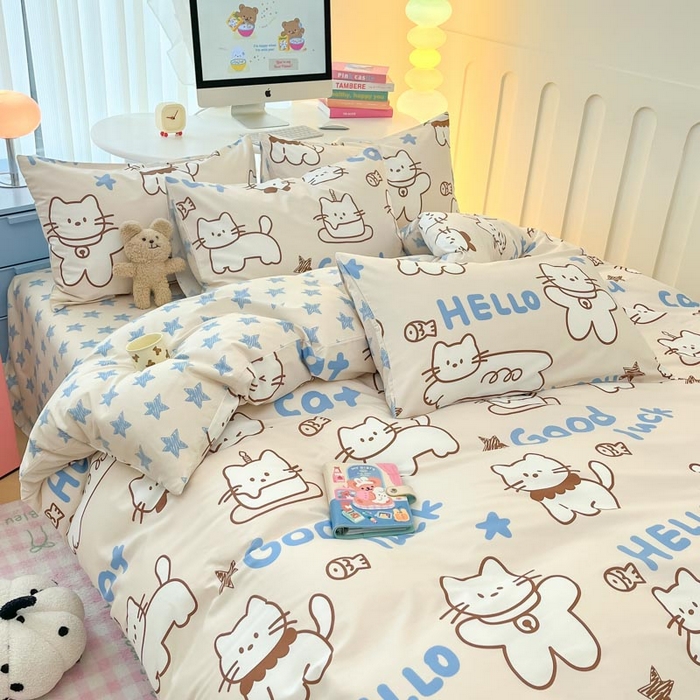 91家纺网 家纺一手货源 找家纺 晨希家居 2024新款全棉卡通活性印花四件套幸运猫咪